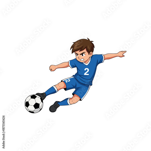 Young male soccer player in blue uniform kicking a football.