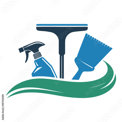 Cleaning tools illustration with spray bottle, squeegee, and dustpan