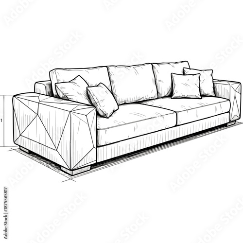 Detailed Sketch of a Modern Sofa with Geometric Armrests.
