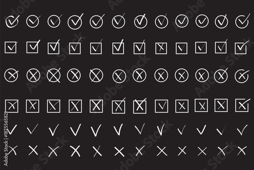 Hand drawn check and cross icons set in circle and square outline checklist marks vector illustration. Check tick mark icon set. Cross box x check mark checkbox v list vector draw hand drawn sketch
