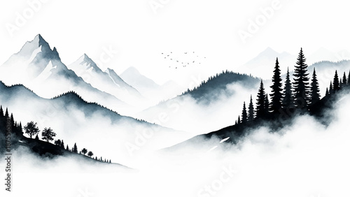 Misty Mountain Landscape Watercolor Painting with Pine Trees and Birds in the Fog