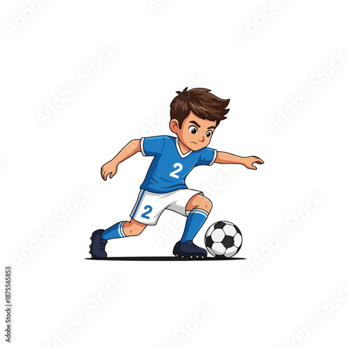 Young boy in blue jersey playing soccer with a ball.