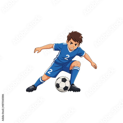 Young Soccer Player Dribbling Ball with Intense Focus.