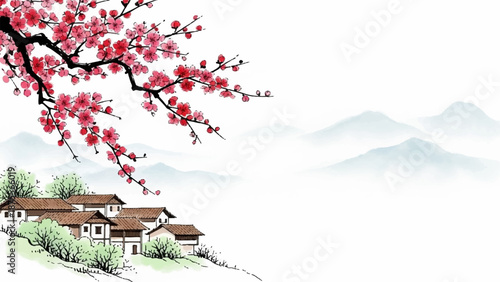Traditional Chinese watercolor painting of cherry blossoms and mountains, evoking a sense of peace and tranquility