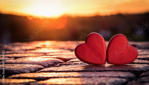 Wallpaper Mural Two Red Wooden Hearts On A Cobblestone Path With A Warm Golden Sunset In The Background Torontodigital.ca