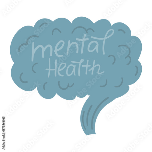 Hand-drawn brain illustration with the text "mental health" in blue tones isolated on white, concept of self-care, psychological wellbeing, mental balance, mindfulness, wellness, and emotional care