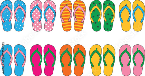Summer Flip Flop Vector Set  Beach Sandal Cartoon Rubber Footwear