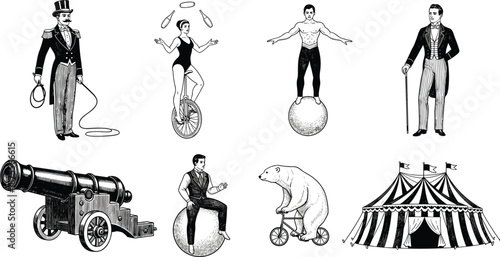 Vintage circus performers illustration set, featuring acrobats, strongmen, juggling acts, cannon, trained bear, and classic big top tent scenes