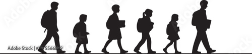 Silhouettes of people walking in a line with backpacks