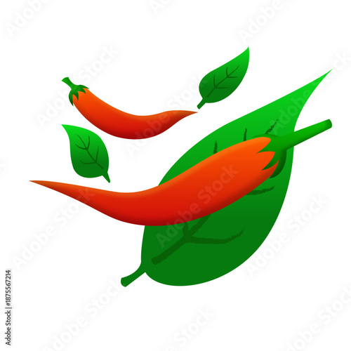 Red Chili and Leaf Illustration: Vibrant illustration of a red chili and green leaf, showcasing natural flavors and spices.