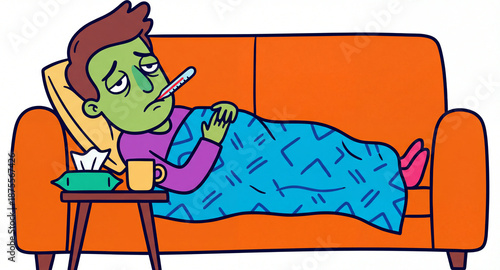 Unwell cartoon character with green face taking temperature on a couch for illness recovery concept and home self-care illustration