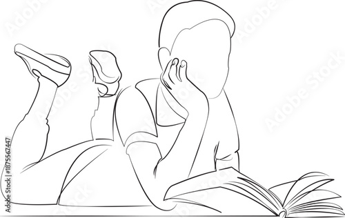 One continuous line drawing on white isolated background. Minimalism linear illustration. children, reading, book, boy, education, person, learning, lying, student, cognition