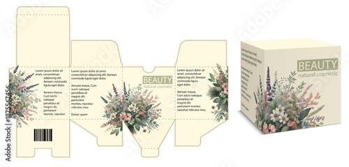 Elegant cosmetic packaging with botanical theme. Includes 3D box and flat layout for branding.