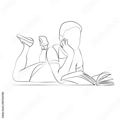 One continuous line drawing on white isolated background. Minimalism linear illustration. children, reading, book, boy, education, person, learning, lying, student, cognition