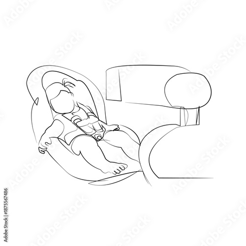 One continuous line drawing on white isolated background. Minimalism linear illustration. children, person, sitting, car, seat, safety, transportation, vehicle, toddler, passenger