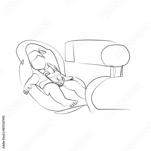 One continuous line drawing on white isolated background. Minimalism linear illustration. children, person, sitting, car, seat, safety, transportation, vehicle, toddler, passenger