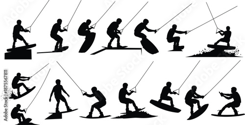 Collection of black silhouettes of wakeboarders performing jumps, tricks, and stances with tow ropes for extreme water sports design illustration