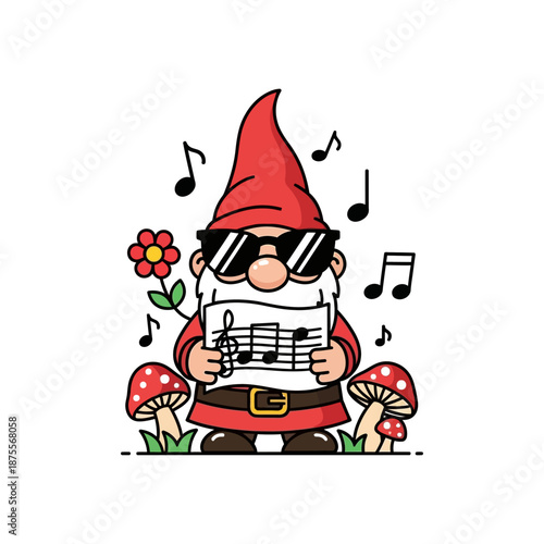 Cartoon gnome singing with music notes and flowers around him