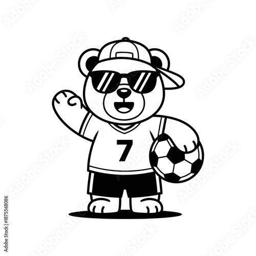 Cool bear in soccer gear waving and holding a ball