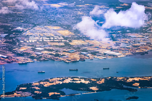 Aerial view of coastal construction or port areas in Strait of Malacca