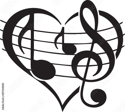 Musical heart combines treble clef and notes on staff forming a heart shape symbolizing love for music and melody in a creative visual representation.