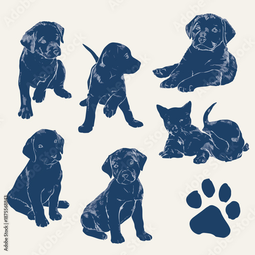  Sets of dark blue silhouettes showing cute labrador puppies in various playful poses and a dog paw prin