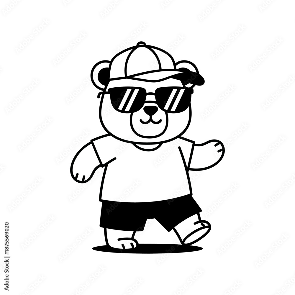 Naklejka premium Cool bear wearing sunglasses and baseball cap dancing
