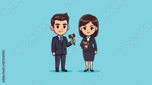 Cartoon Lawyers Holding Gavel and Briefcase.