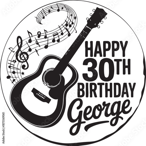 Happy 30th birthday george card featuring an acoustic guitar and musical notes in a custom illustration on a beige and brown background creating a personalized greeting for music lovers.