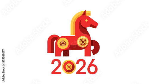 Festive Red Horse Design with Golden Wheels and Year 2026 Celebration Symbol Centered Against White Background Simple Stylized Animal Artwork