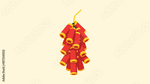 Cluster of Red Firecrackers Tied Together With Yellow String For Celebration And Festive Occasions Against Light Yellow Background