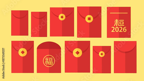 Collection Of Red Envelopes With Gold Coins And Chinese Characters For Lunar New Year Celebration And Gift Giving Occasions