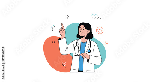 Professional female doctor wearing a white coat and stethoscope gestures upward presenting a new medical concept or health tip.