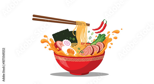 Dynamic illustration of a steaming bowl of Japanese ramen noodle soup with chopsticks lifting noodles from the splashing broth.