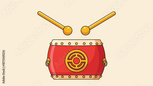 Traditional Red Drum With Golden Accents And Drumsticks Ready To Play Festive Music Celebration