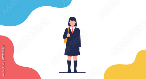 Full body illustration of a Japanese high school girl in a traditional sailor uniform standing confidently with colorful abstract shapes.
