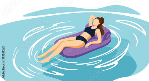 Young woman in a black bikini relaxing and sunbathing on an inflatable pool float in the calm blue water during summer vacation.