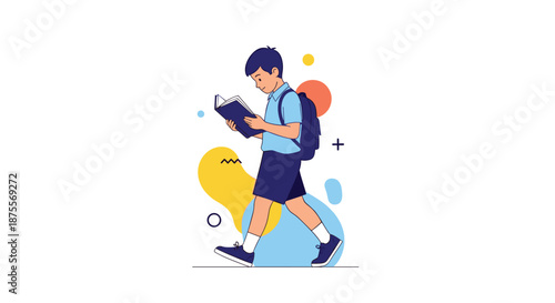 Young student boy with a backpack walking to school while diligently reading a textbook against an abstract background illustration.