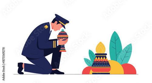 Solemn uniformed officer kneels in a respectful gesture of mourning holding a decorative urn during a memorial ceremony vector.