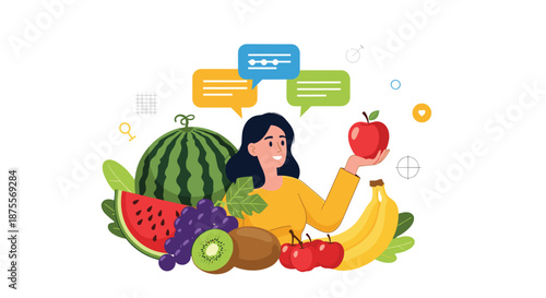 Happy woman choosing healthy food options holding an apple surrounded by various fresh fruits with chat bubbles above her head.