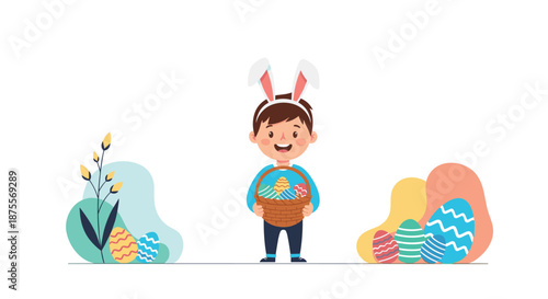 Cheerful little boy wearing cute bunny ears holds a basket full of colorful decorated eggs for a traditional Easter egg hunt.