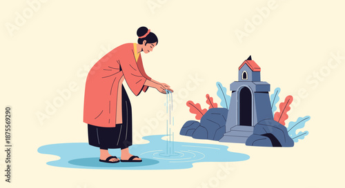 Woman in traditional asian attire collecting fresh clean water from a natural spring next to a small stone shrine illustration.