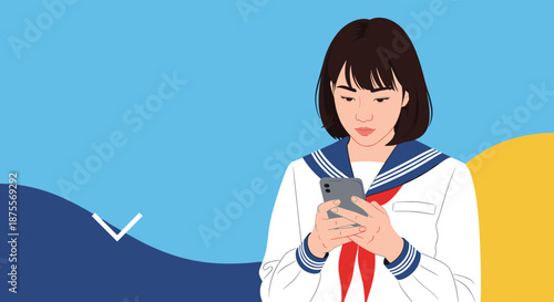 Japanese schoolgirl in a classic sailor uniform is focused on her smartphone screen for social media or messaging illustration.