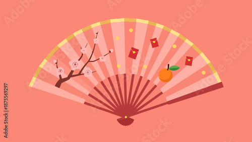 Traditional Chinese Folding Fan Decoration With Cherry Blossoms Mandarin Oranges And Lucky Red Envelopes On Pink Background