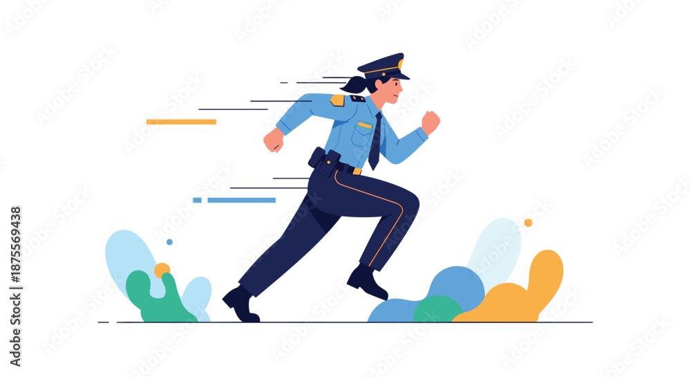 Obraz premium A female police officer is shown running quickly with motion lines indicating speed during an emergency response or chase.