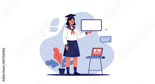 A graduate student in a Japanese school uniform holds up a blank tablet for an e-learning or online presentation concept.