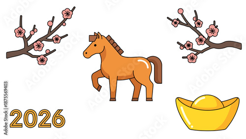Celebrate 2026 Year of The Horse with Floral Branches and Golden Ingot Animation Style Design Elements for Festive Greetings