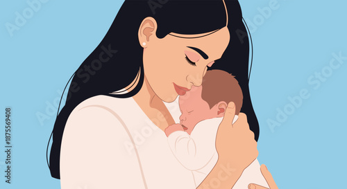 A loving young mother with long dark hair gently holds and cuddles her precious sleeping newborn baby against a blue background.