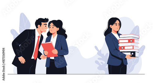 Workplace harassment concept showing a businessman whispering to an uncomfortable female colleague while another woman is overworked.
