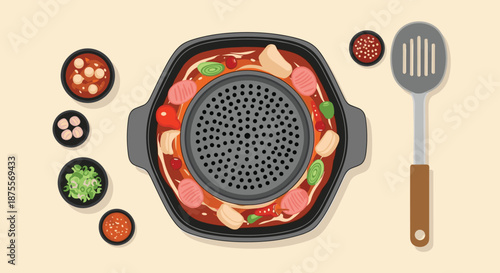 Top-down view of a traditional Thai barbecue hot pot known as Mookata with various meats vegetables and dipping sauces.